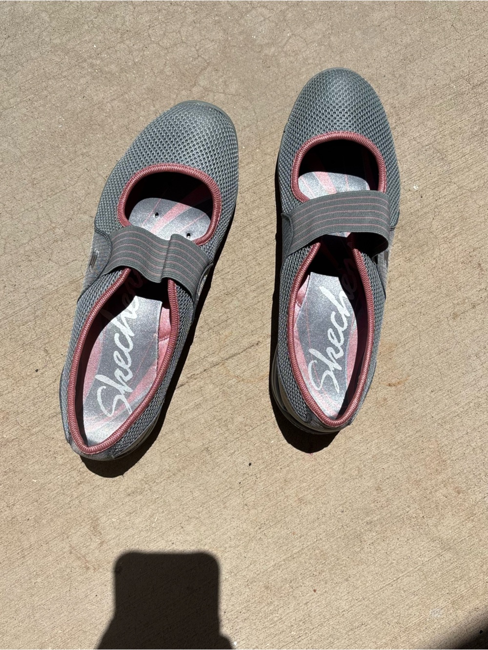 Skechers Gray Mesh Mary Jane Flats with Pink Accent